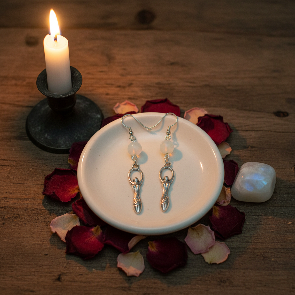 Opalite Goddess Earrings, styled on altar