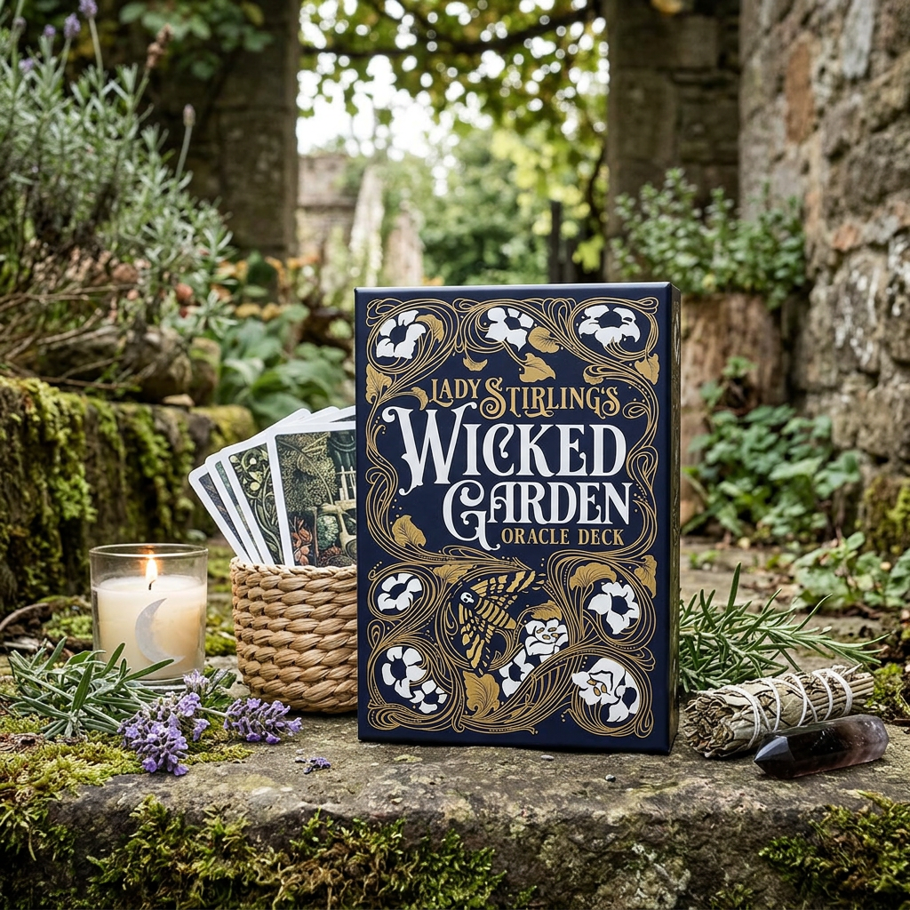 Photorealistic scene of Wicked Garden Oracle deck in a basket on moss-covered stone step with herbs and ritual tools in a mystical garden.