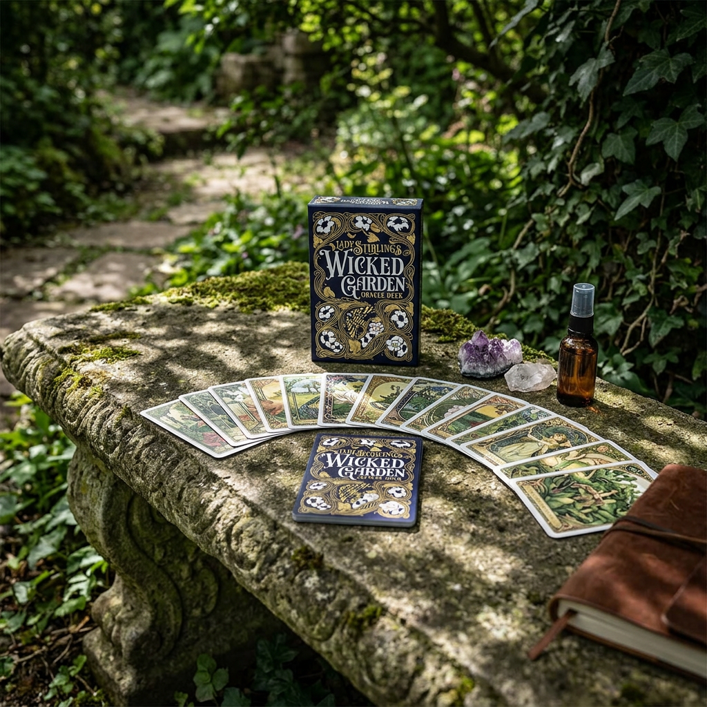 Vivid image of Wicked Garden Oracle cards arranged on a stone bench in a shaded herbal garden with ritual items around.
