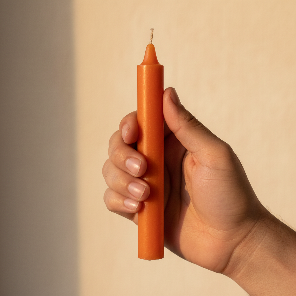 Orange 6" Household Candle, held in hand