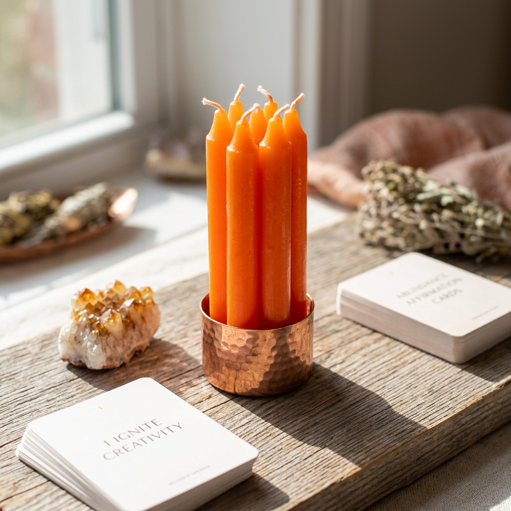 Lifestyle scene with six orange candles on a minimalist altar, accompanied by ritual tools like copper holder, Citrine, and affirmation cards in warm natural light.