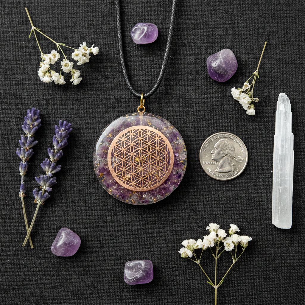Orgonite Flower of Life Amethyst Quartz Pendant, alternate view