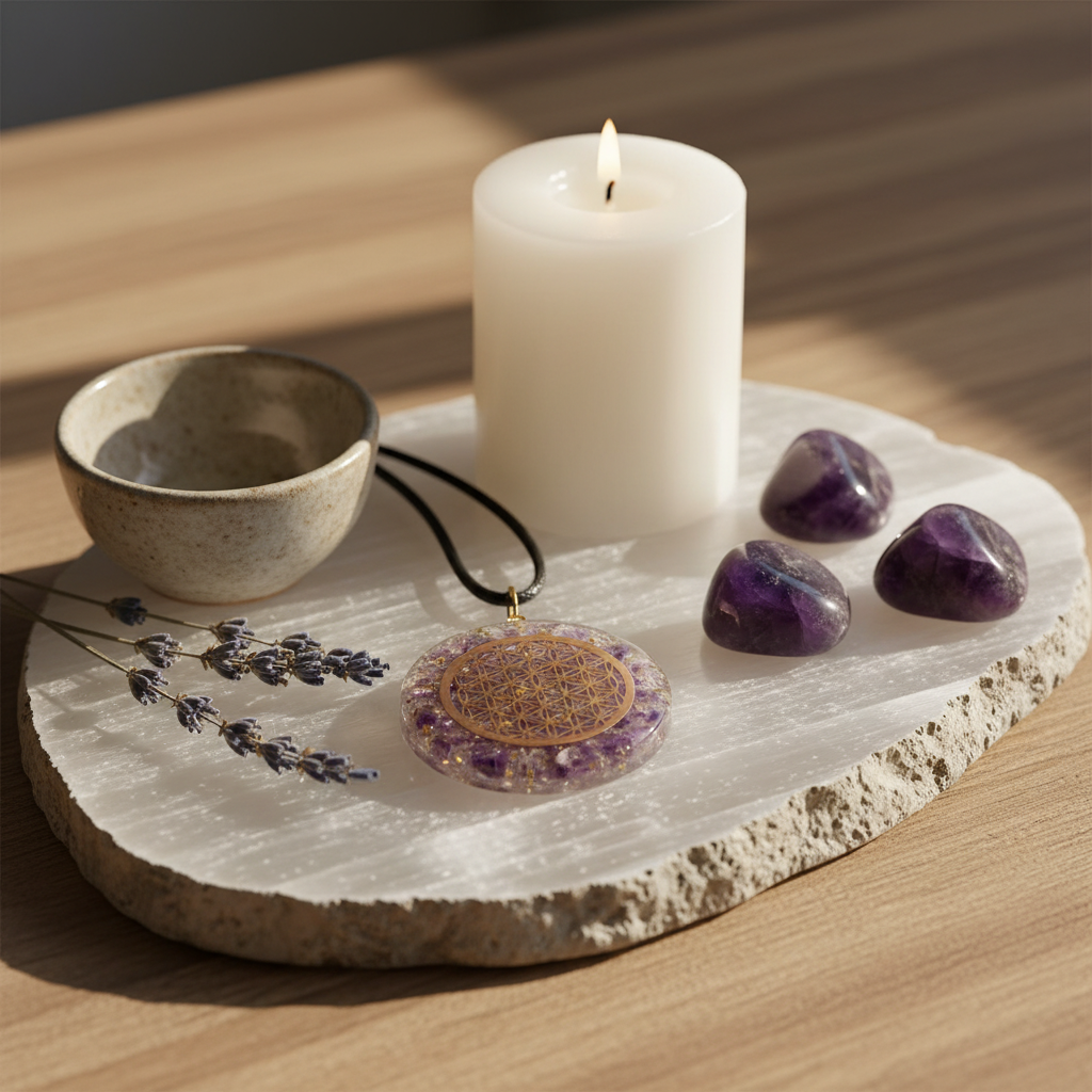 Orgonite Flower of Life Amethyst Quartz Pendant, styled on altar