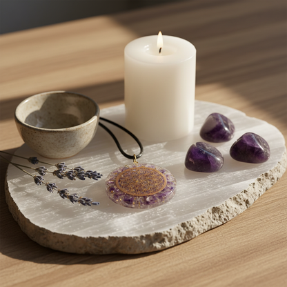 Orgonite Flower of Life Amethyst Quartz Pendant, styled on altar