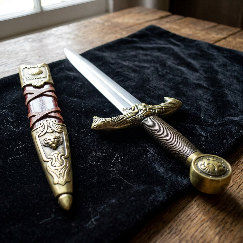 Close-up of the sword’s crest highlighting intricate metalwork, engraved details, gemstone embellishments, and craftsmanship on textured fabric background.