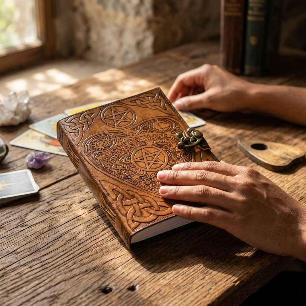 Ouija Board Planchette Leather Journal with Latch, 6" × 8"