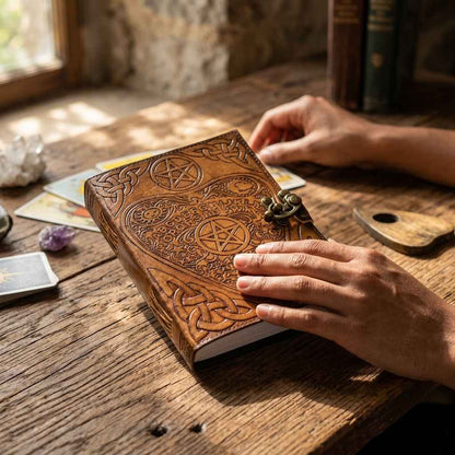 Ouija Board Planchette Leather Journal with Latch, 6" × 8"