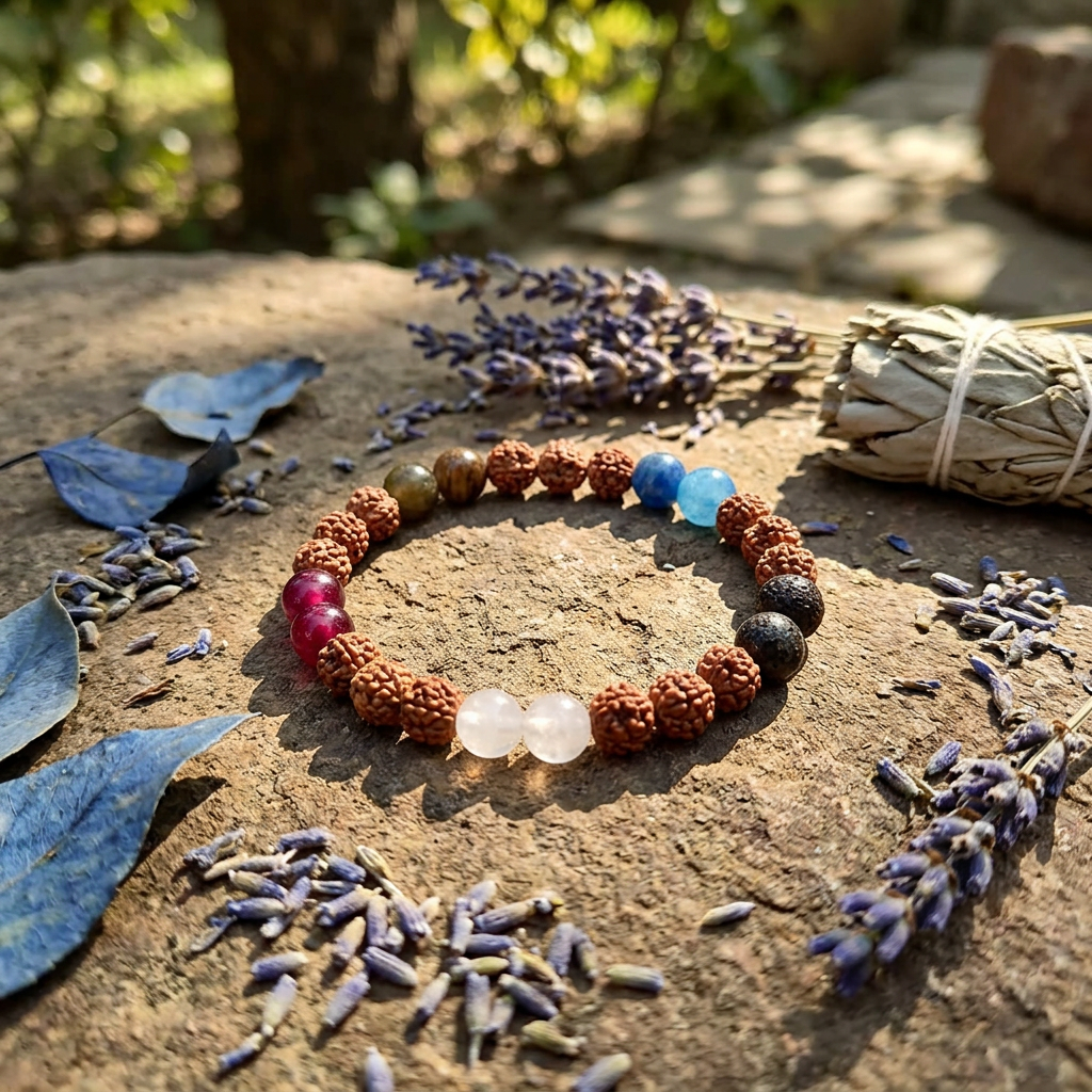 A high-res image of a 5th Chakra Rudraksha bracelet placed on a textured stone surface outdoors, surrounded by leaves and herbs with golden natural lighting emphasizing its organic craftsmanship.