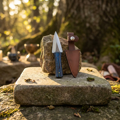 Full-body view of a small arrowhead athame standing in a leather sheath on a stone altar during golden hour outdoor setting.