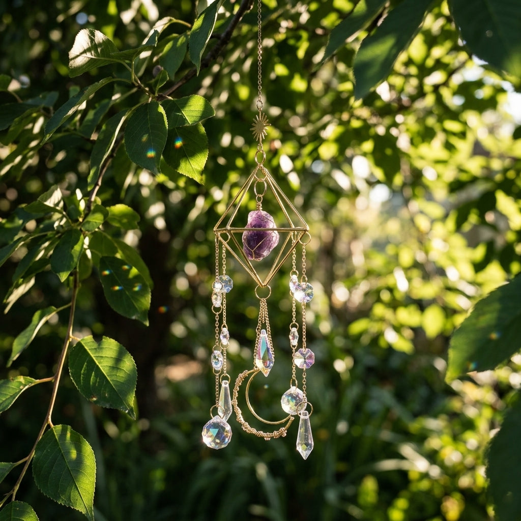 Amethyst sun catcher hanging outdoors among lush green leaves catching dappled sunlight in a peaceful natural setting.