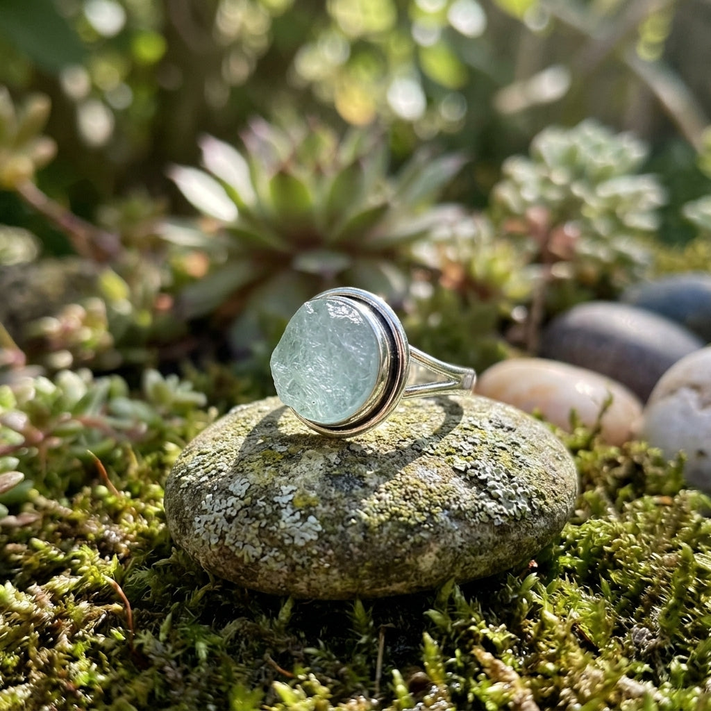 Photorealistic aquamarine ring displayed on a mossy rock with natural sunlight, evoking oceanic calm.