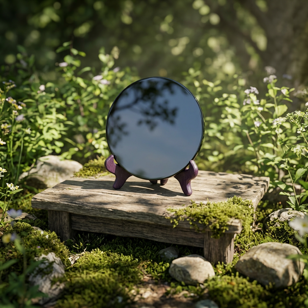 Outdoor scene with 12cm black obsidian scrying mirror on wooden altar amid lush greenery and dappled sunlight.