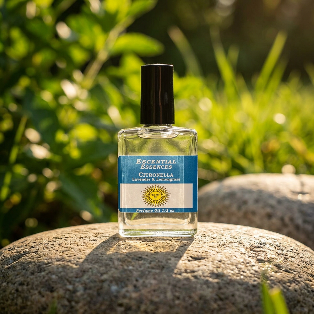 Macro shot of a 1/2oz citronella perfume oil bottle on a stone surface during golden hour, with blurred green foliage in the background.
