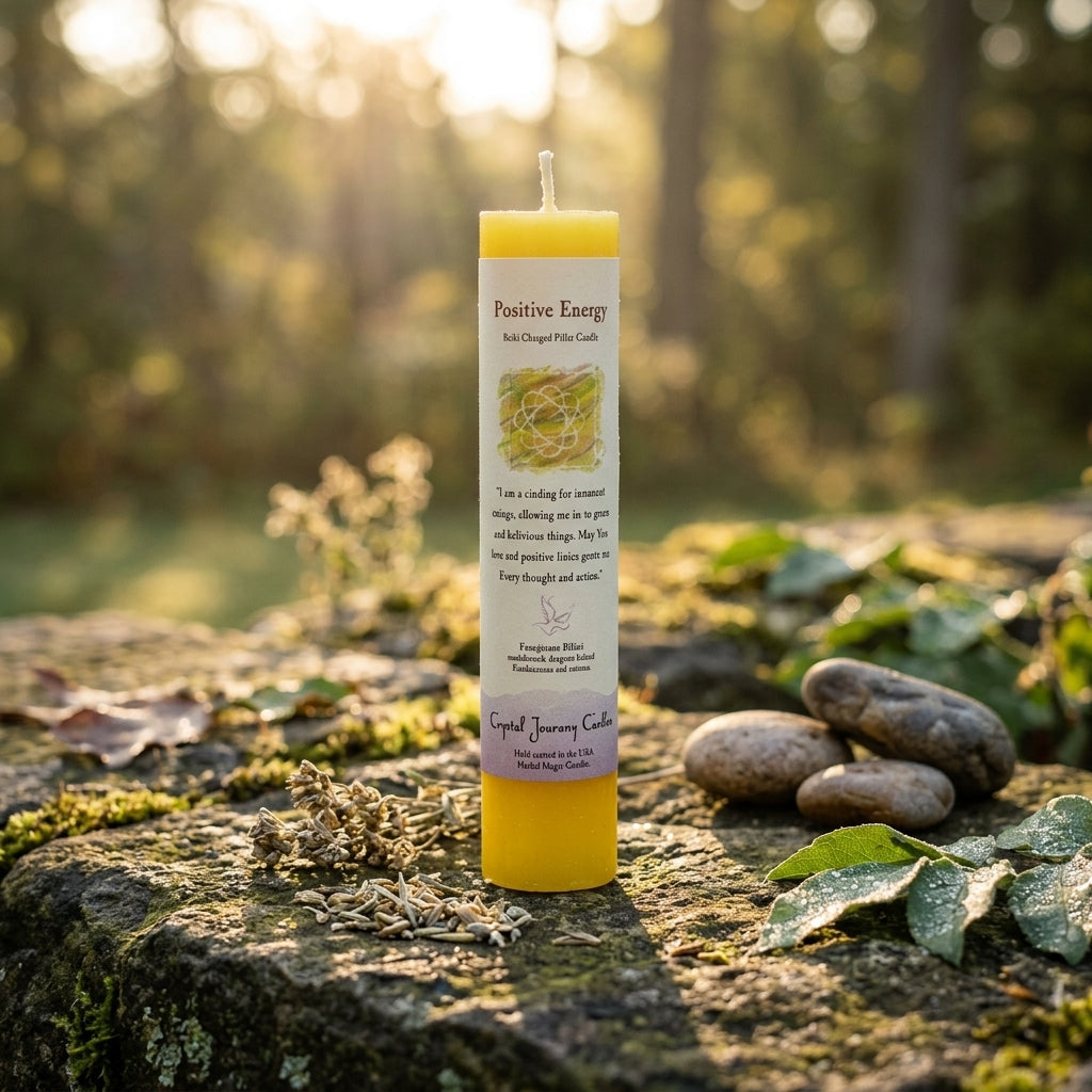 Yellow Reiki-charged pillar candle on a rustic surface outdoors at dawn, surrounded by dried herbs and stones for spiritual ritual.