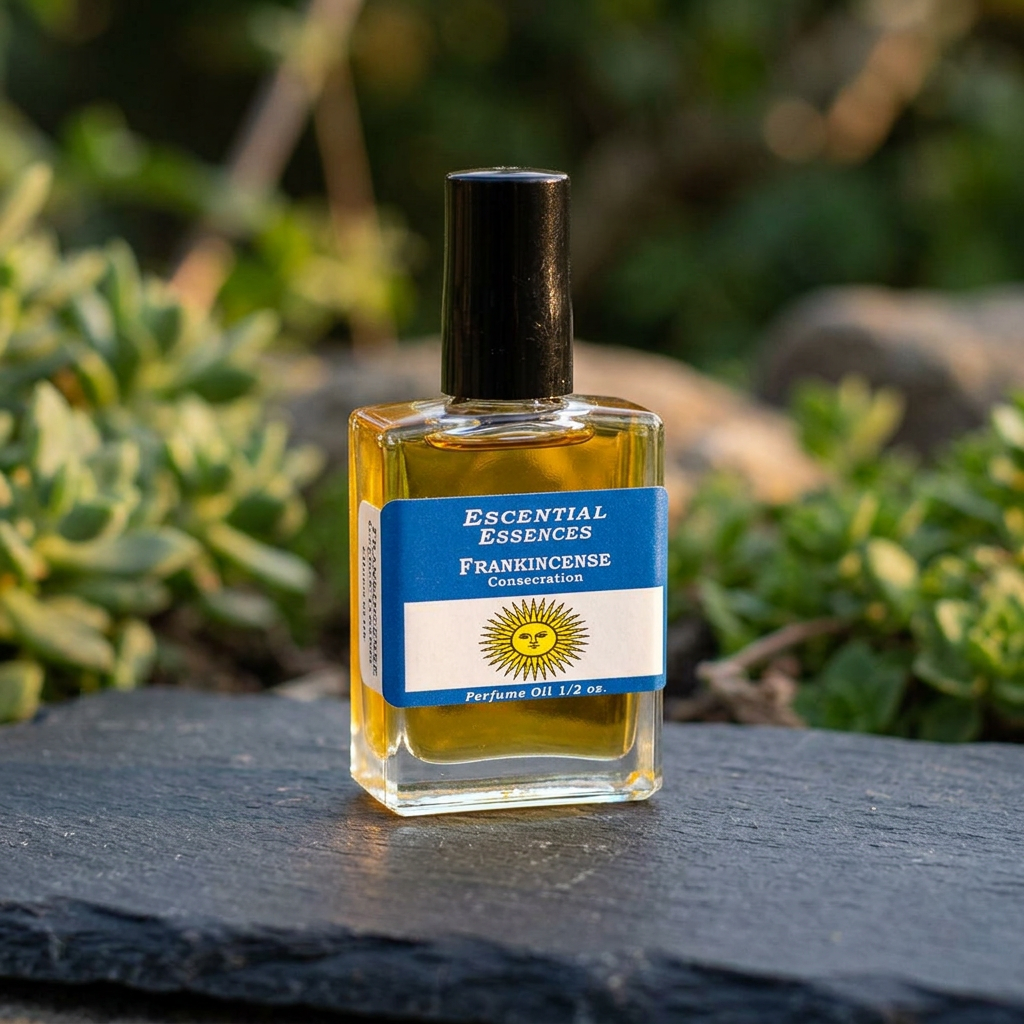 Frankincense perfume oil bottle placed outdoors on dark stone, illuminated by golden-hour sunlight, surrounded by greenery, showcasing natural elegance.