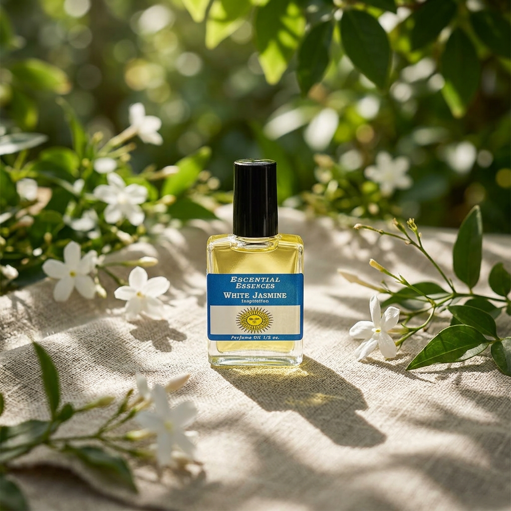 Overhead shot of tiny white jasmine essential oil bottle on linen in outdoor garden, sun-dappled with greenery and natural lighting.