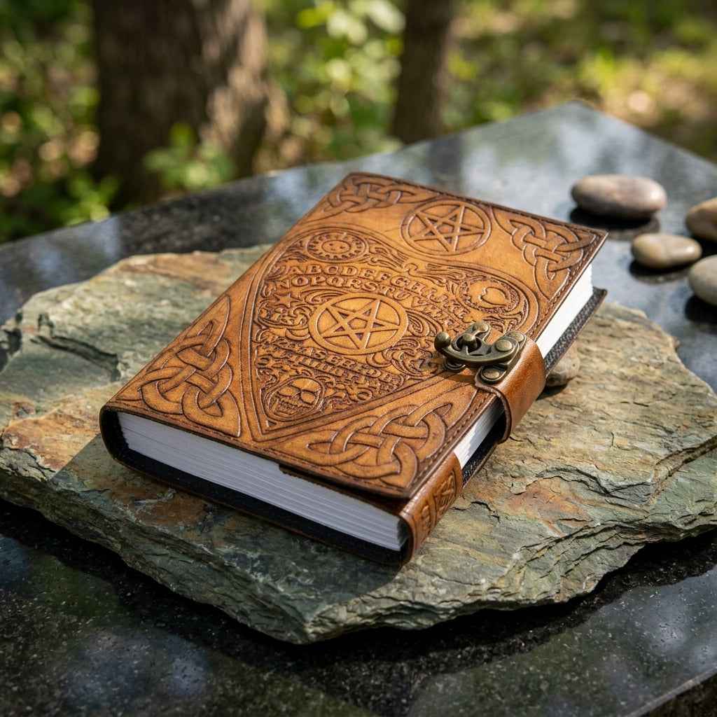 Ouija Board Planchette Leather Journal with Latch, 6" × 8"