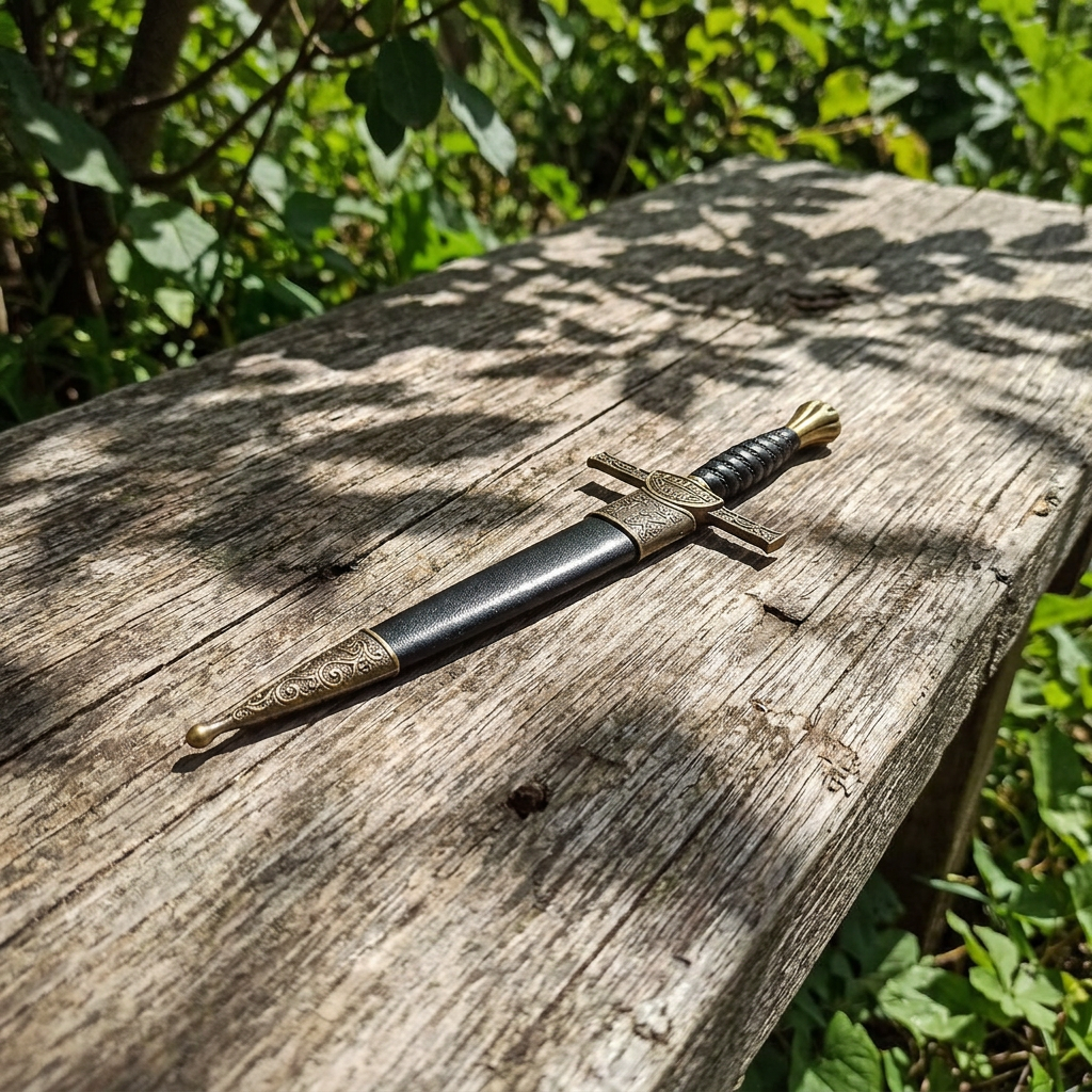 12-inch Macleod sword in sheath on rustic outdoor wooden table surrounded by greenery with natural sunlight and detailed engravings visible.