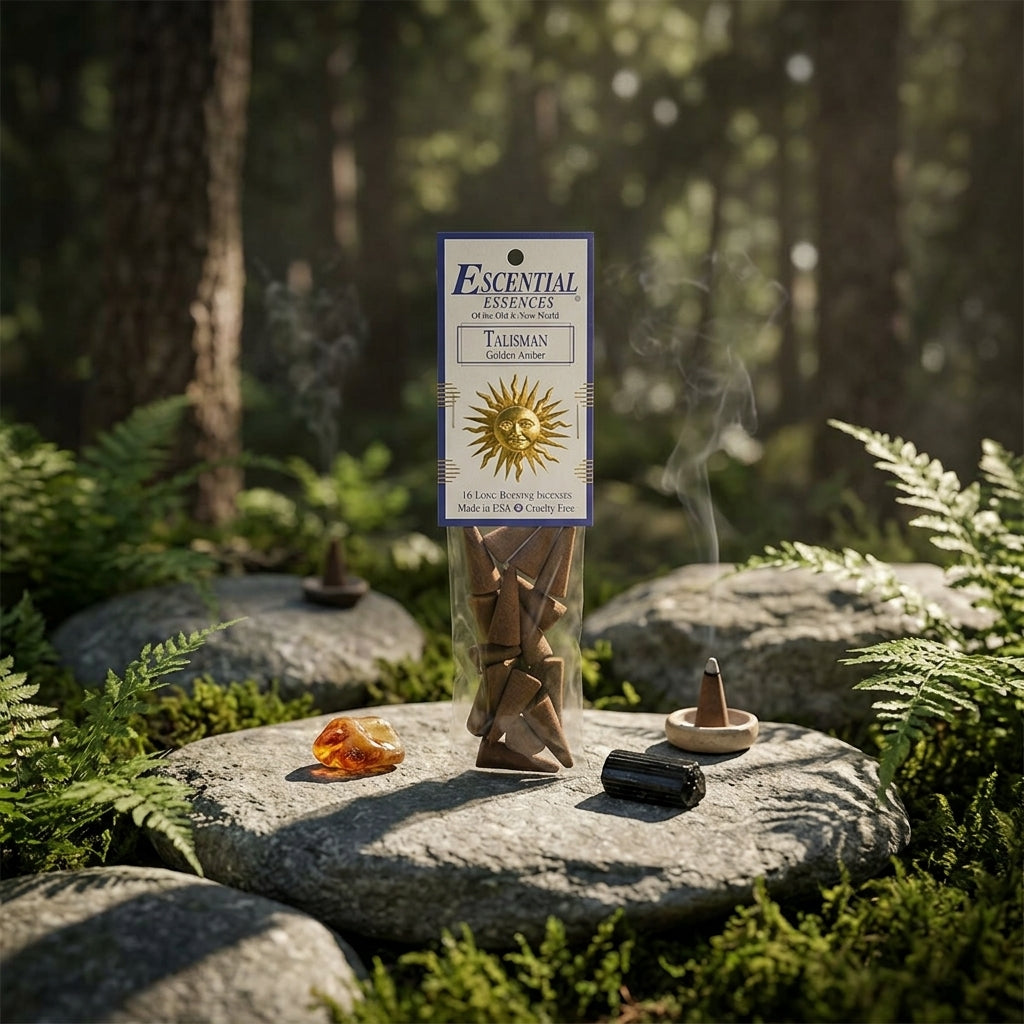 Tiny incense cone resting on a stone in an outdoor scene with moss and foliage, highlights micro-texture and peaceful ambiance.