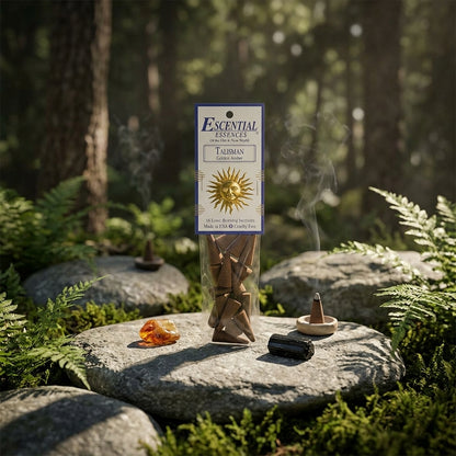 Tiny incense cone resting on a stone in an outdoor scene with moss and foliage, highlights micro-texture and peaceful ambiance.