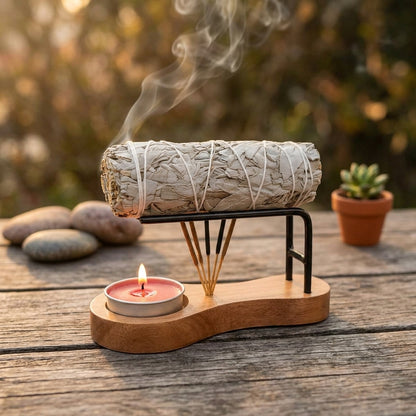 Photorealistic scene of sage burner on outdoor table during golden hour, smoke rising, highlighting textures and nature ambiance.
