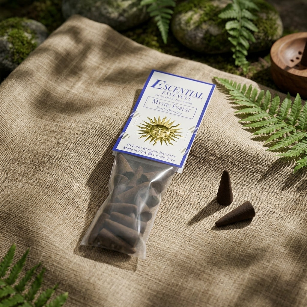 Small Mystic Forest incense cone on textured fiber cloth in outdoor ritual environment with soft sunlight.