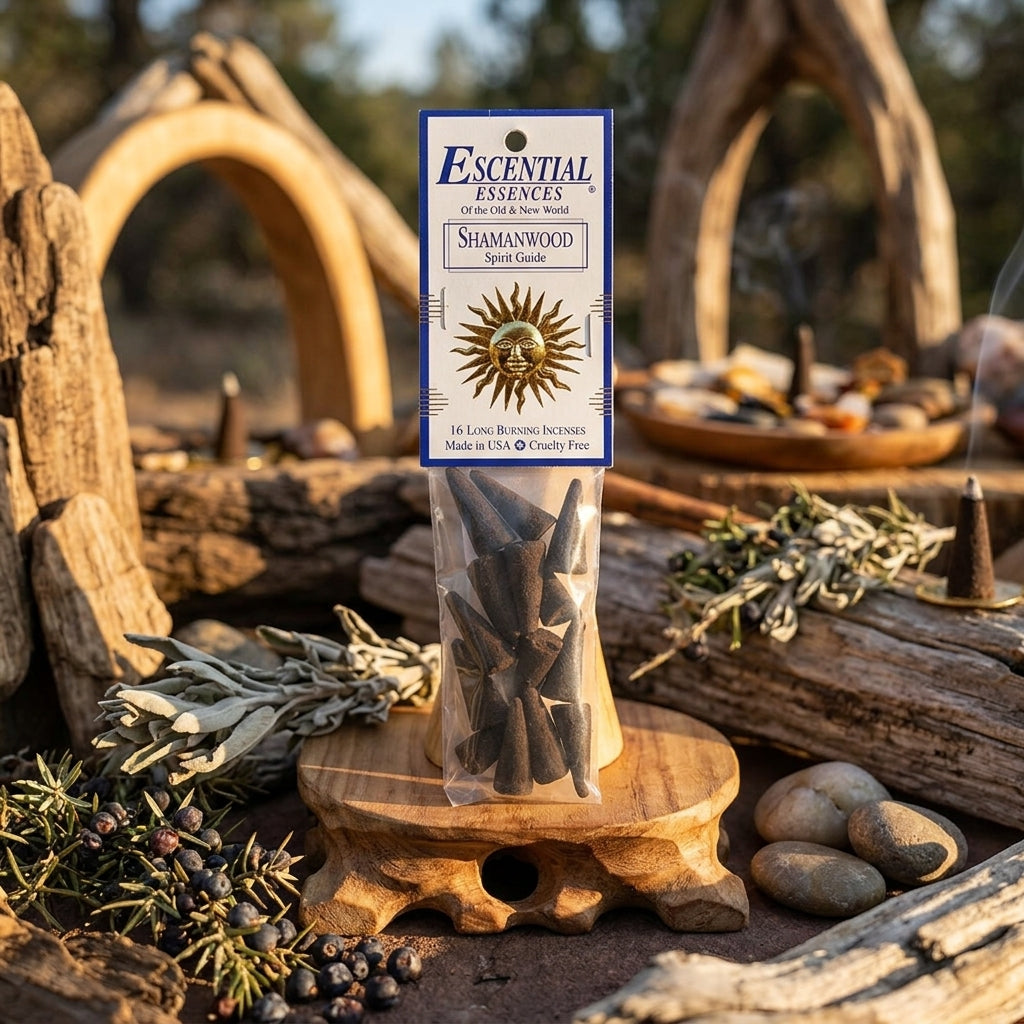 Small incense cone placed in outdoor sacred space, surrounded by herbs and stones, illuminated by golden hour light for grounding and ritual.