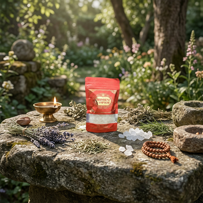 Wide-angle view of 100g Camphor chunks on a rustic stone altar surrounded by natural elements, highlighting texture contrast in daylight.