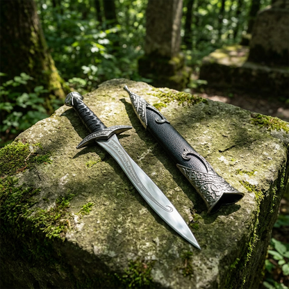 Snake Eye athame placed on a stone outdoors amidst greenery, capturing natural textures and mystical symbolism.