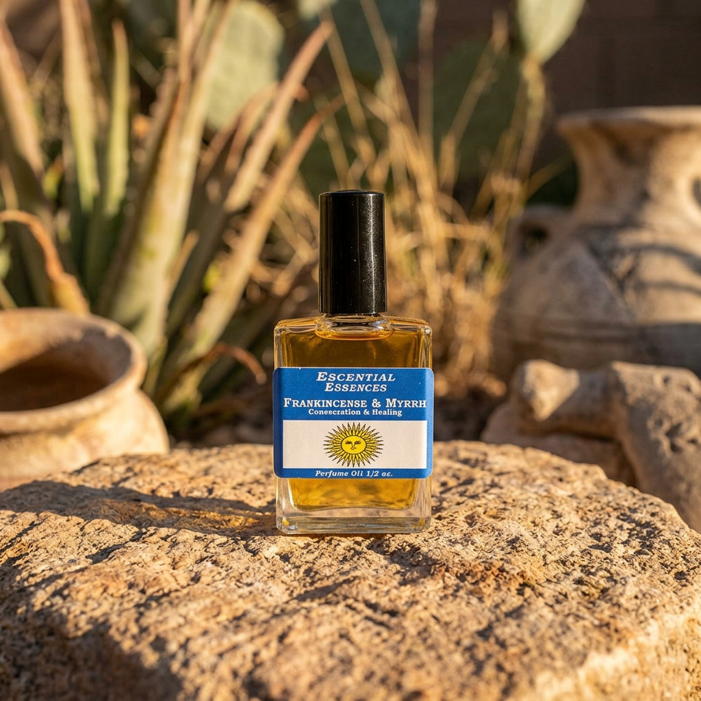 Full-body shot of perfume oil bottle on natural stone outdoors during golden hour, with desert plants and artifacts in background.