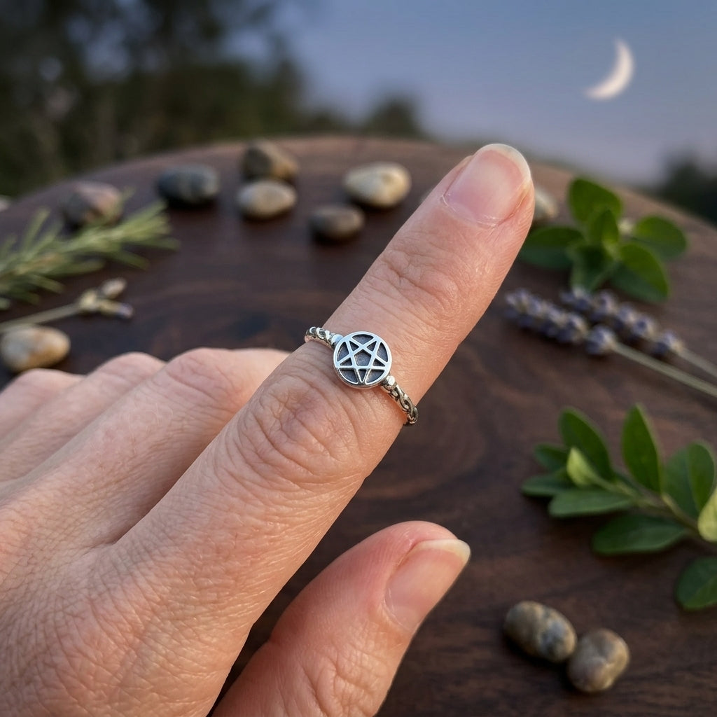 Sterling silver pentagram ring size 5 resting on dark wood outdoors, surrounded by natural elements and moonlit lighting, emphasizing delicate size and symbolism.