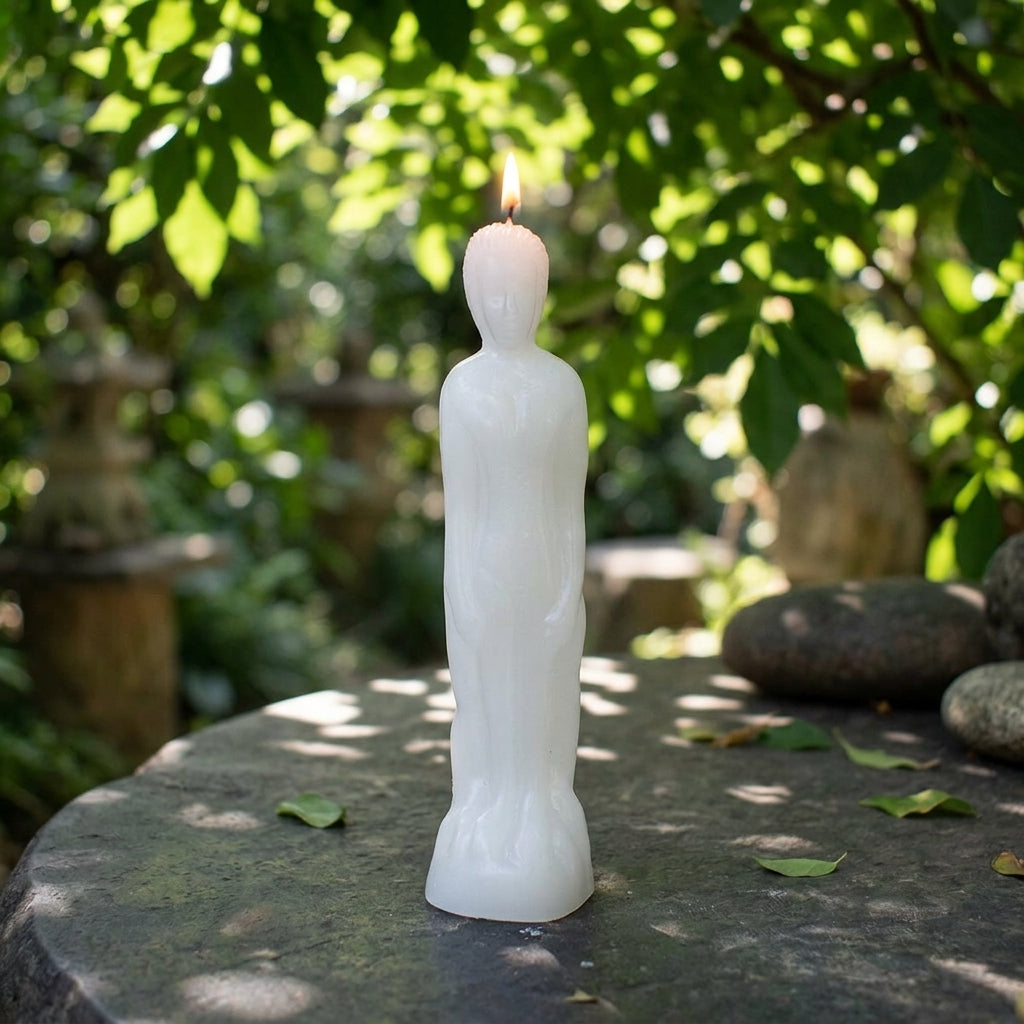 Close-up of a small white candle on a dark stone surface outdoors in a tranquil garden, emphasizing its micro-texture and protective symbolism.