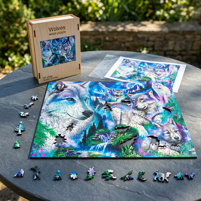 Partially disassembled Wolves wood puzzle outdoors on dark stone surface with natural daylight and scattered pieces.
