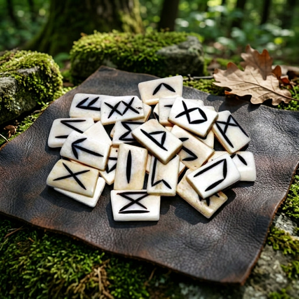 Full-body scene of a bone rune set arranged on a leather altar cloth outdoors among mossy stones and forest foliage, bathed in diffuse daylight.