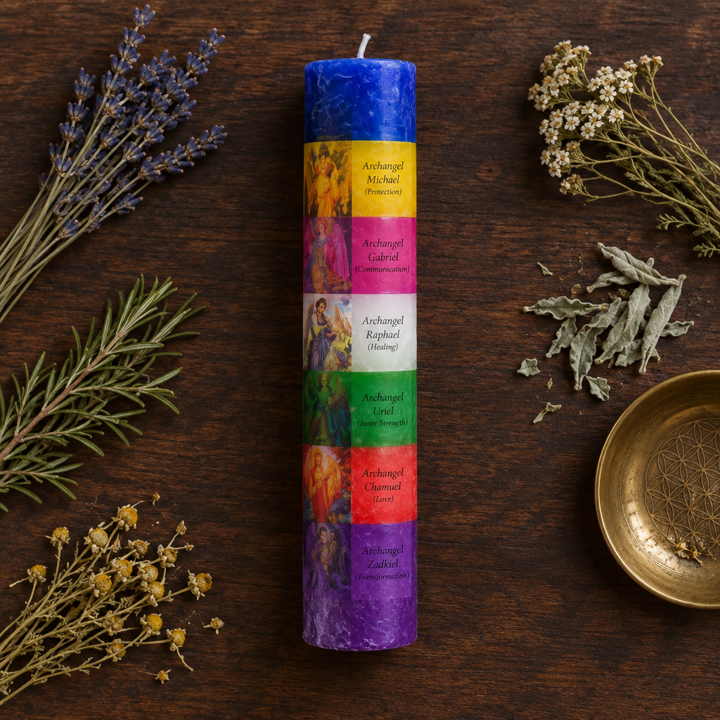 Overhead flat lay of the 7 Archangels Pillar Candle