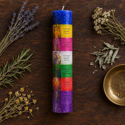 Overhead flat lay of the 7 Archangels Pillar Candle