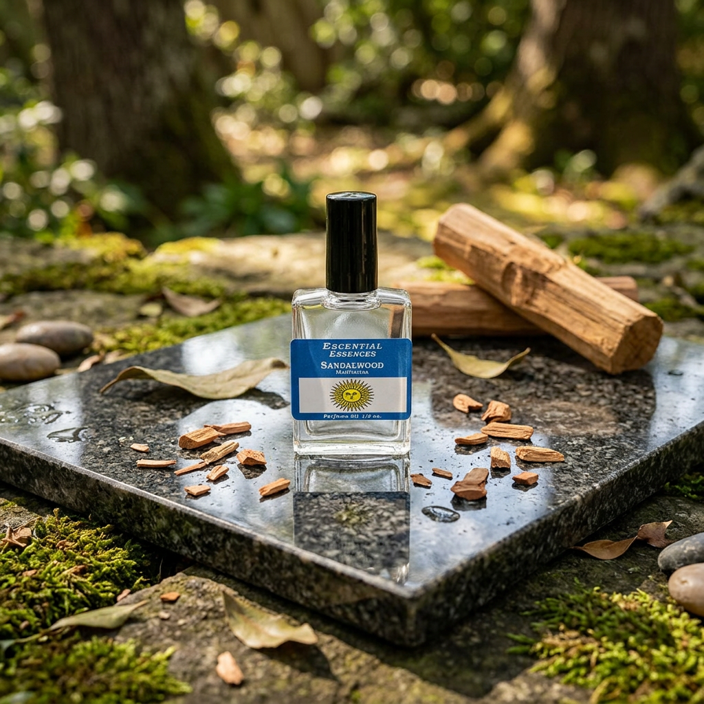 Overhead shot of sandalwood essential oil bottle on polished stone with chips and leaves, outdoor natural setting, and dappled sunlight.