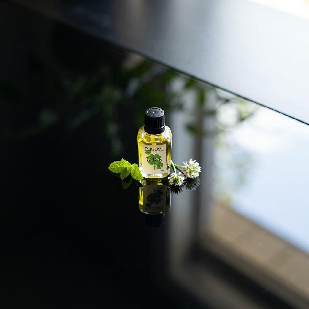 Top-down view of 1oz Luck perfume on black reflective surface with herbs and flowers, showcasing micro-details and freshness.