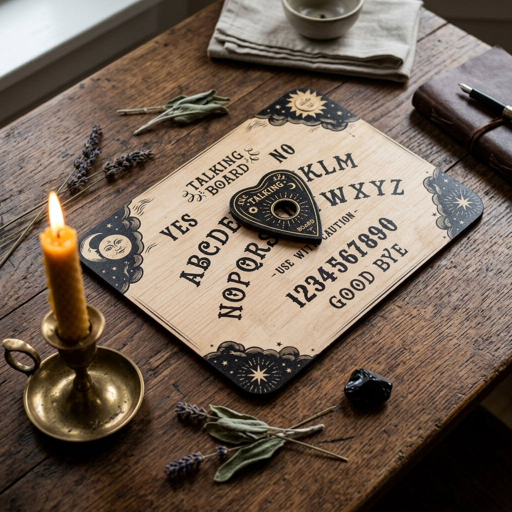 Overhead shot of vintage spirit board with illuminated candle nearby, highlighting the layout and micro-texture details.