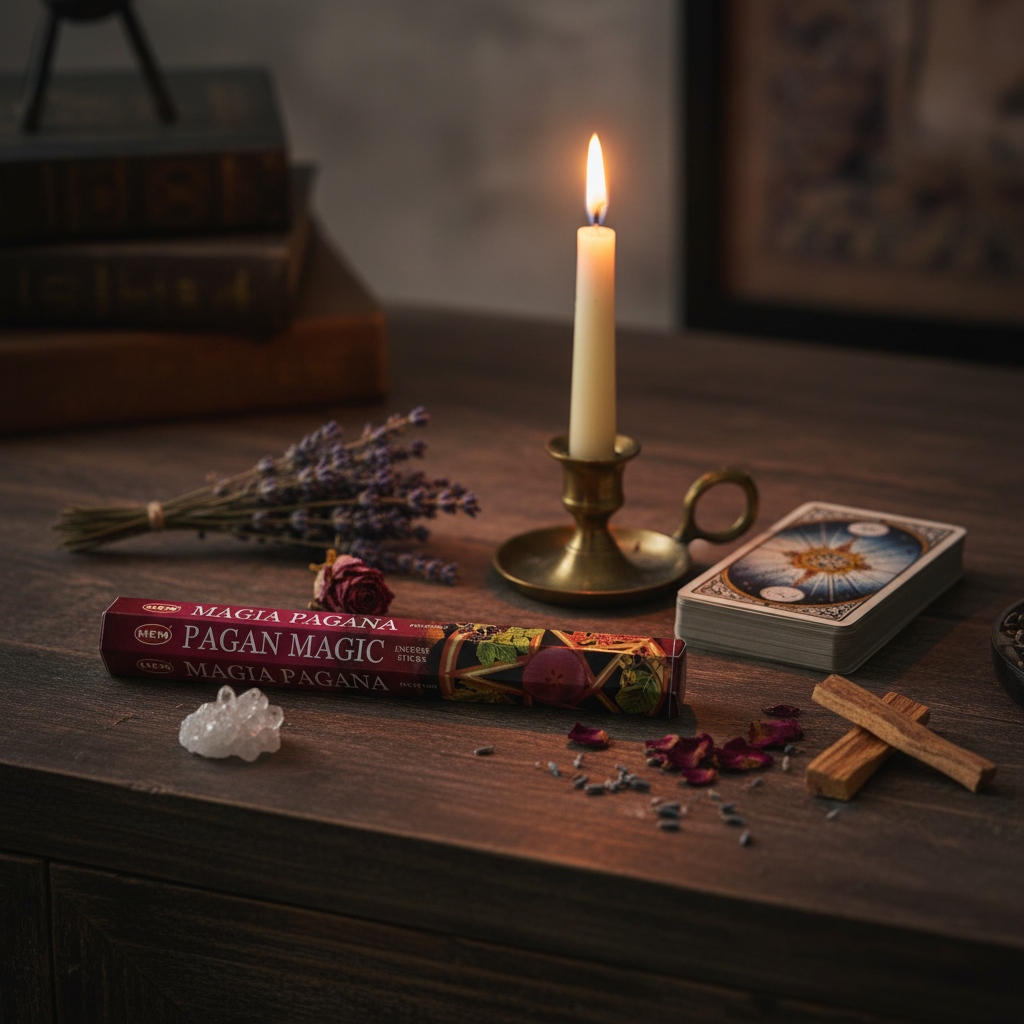 Pagan Magic Incense Sticks by HEM, 20 Pack, styled on altar