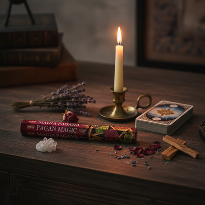 Pagan Magic Incense Sticks by HEM, 20 Pack, styled on altar