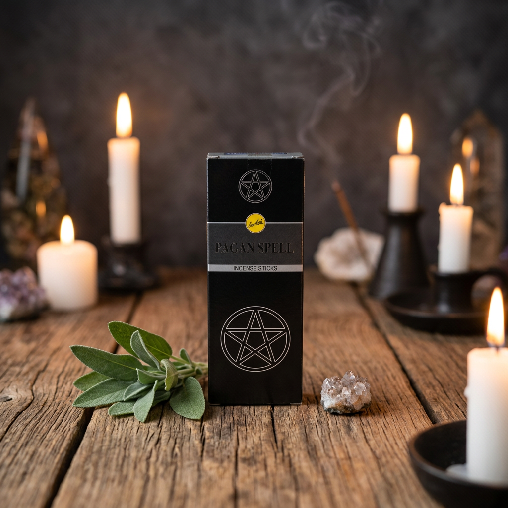 Small box of 6 Pagan Spell Sree Vani incense sticks on a natural wooden altar surrounded by candles and sage leaves in a cozy sacred space.