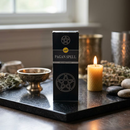 Full-body view of a small Pagan Spell Sree Vani incense box on a polished quartz altar in a softly lit ritual environment, with detailed packaging features.