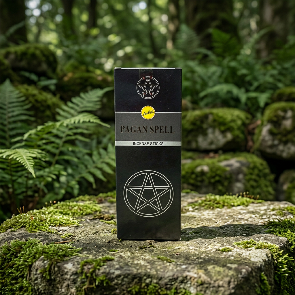 Open box of 6 Pagan Spell Sree Vani incense sticks placed on textured stone with fern and moss, bathed in natural outdoor light making textures stand out.