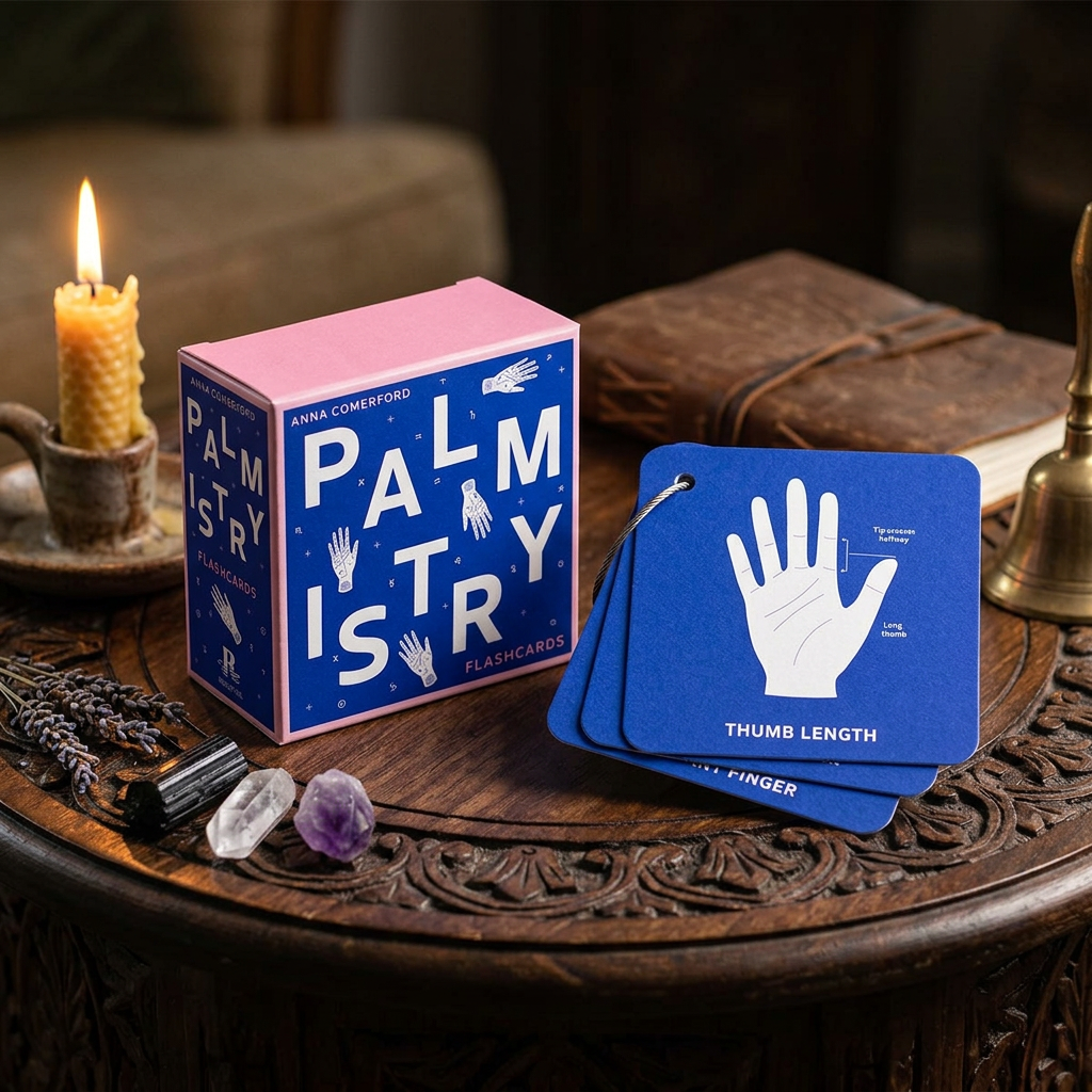 Photorealistic scene of Palmistry Flashcards by Anna Comerford on a wooden ritual table with candles and crystals in a cozy, softly lit room.