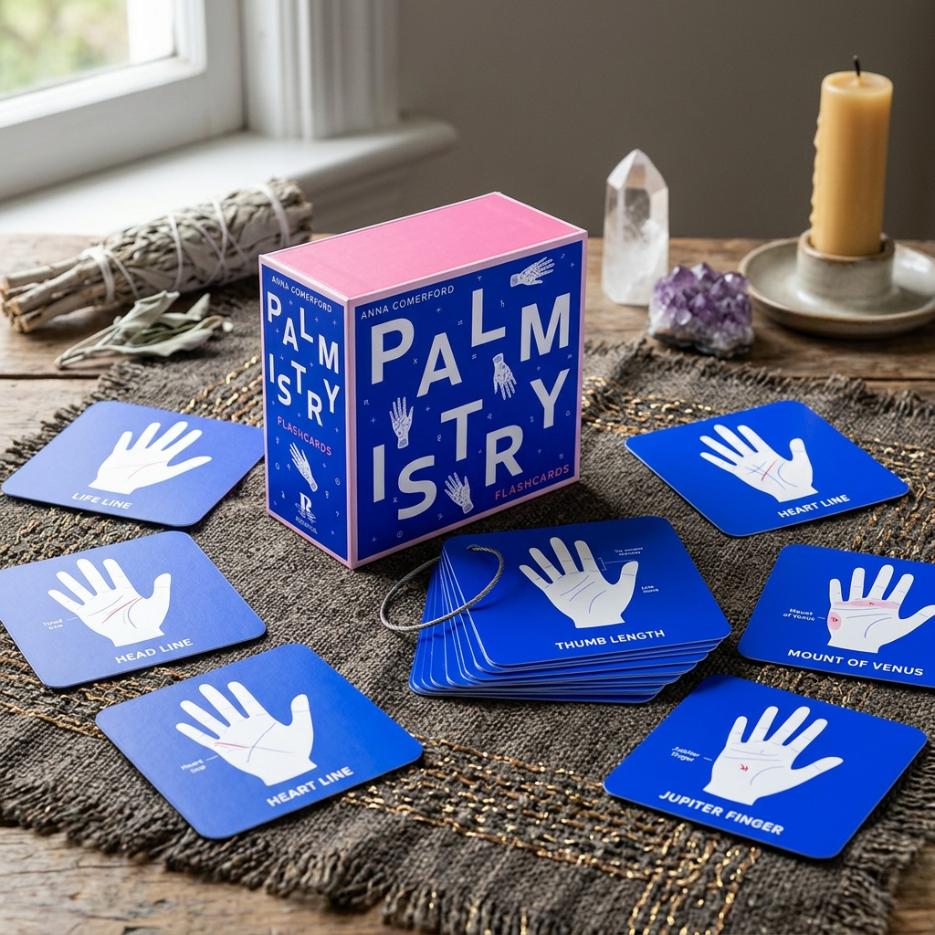 Wide-angle shot of Palmistry Flashcards by Anna Comerford spread out on a textured ritual cloth, with crystals, sage, and candles in a calm environment.