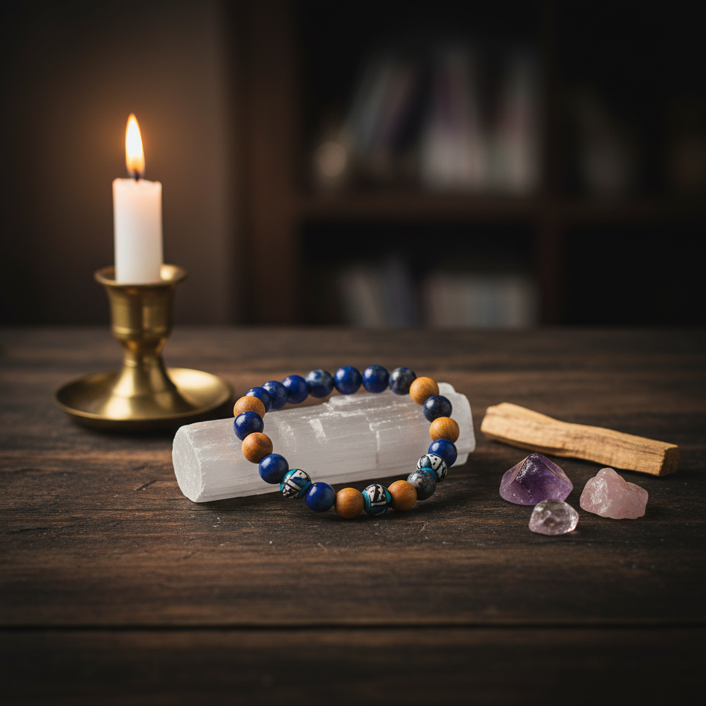 Palo Santo Lapis Bracelet, 8mm, styled on altar
