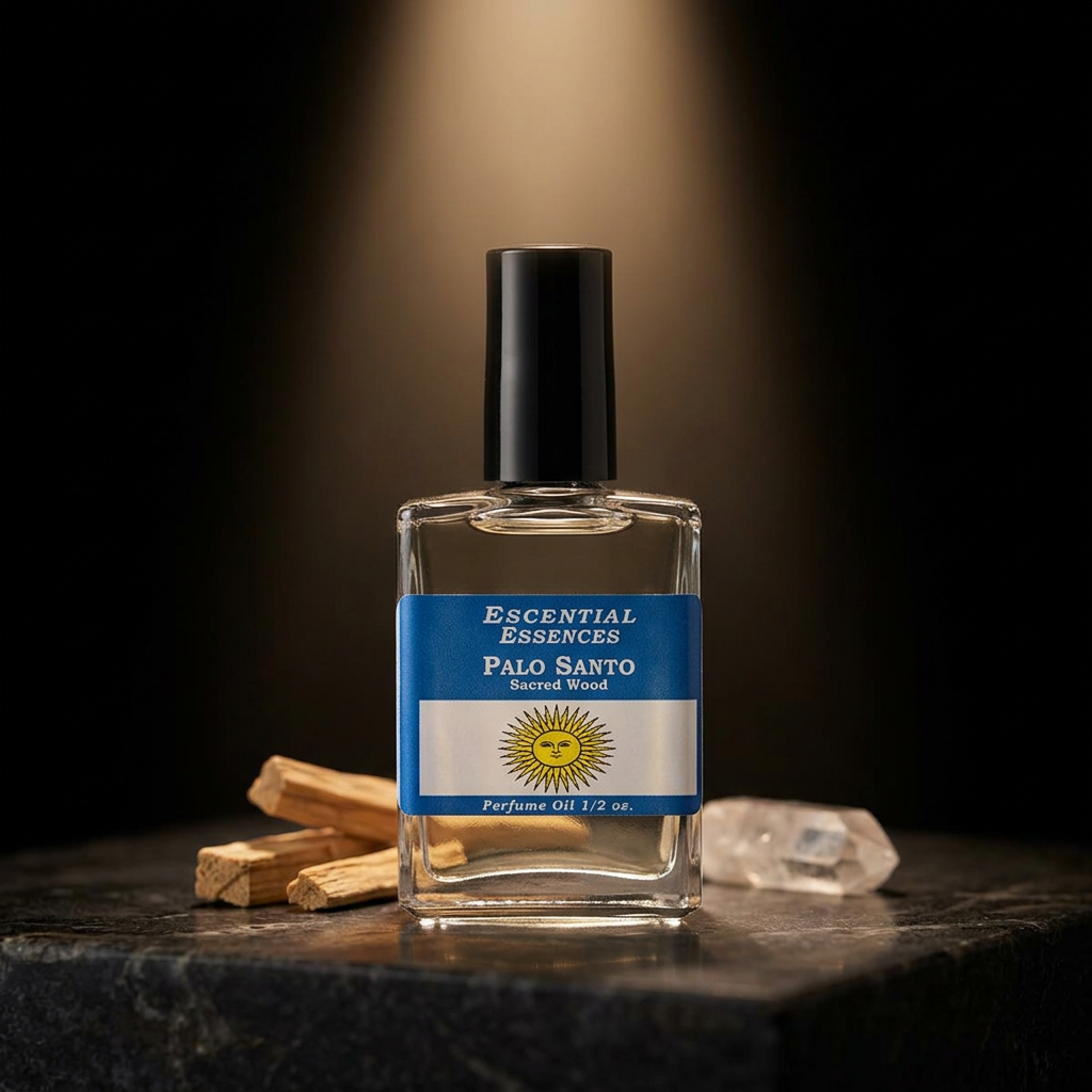 Close-up of Palo Santo Perfume Oil bottle in a dark setting with soft warm lighting, emphasizing texture and elegance.