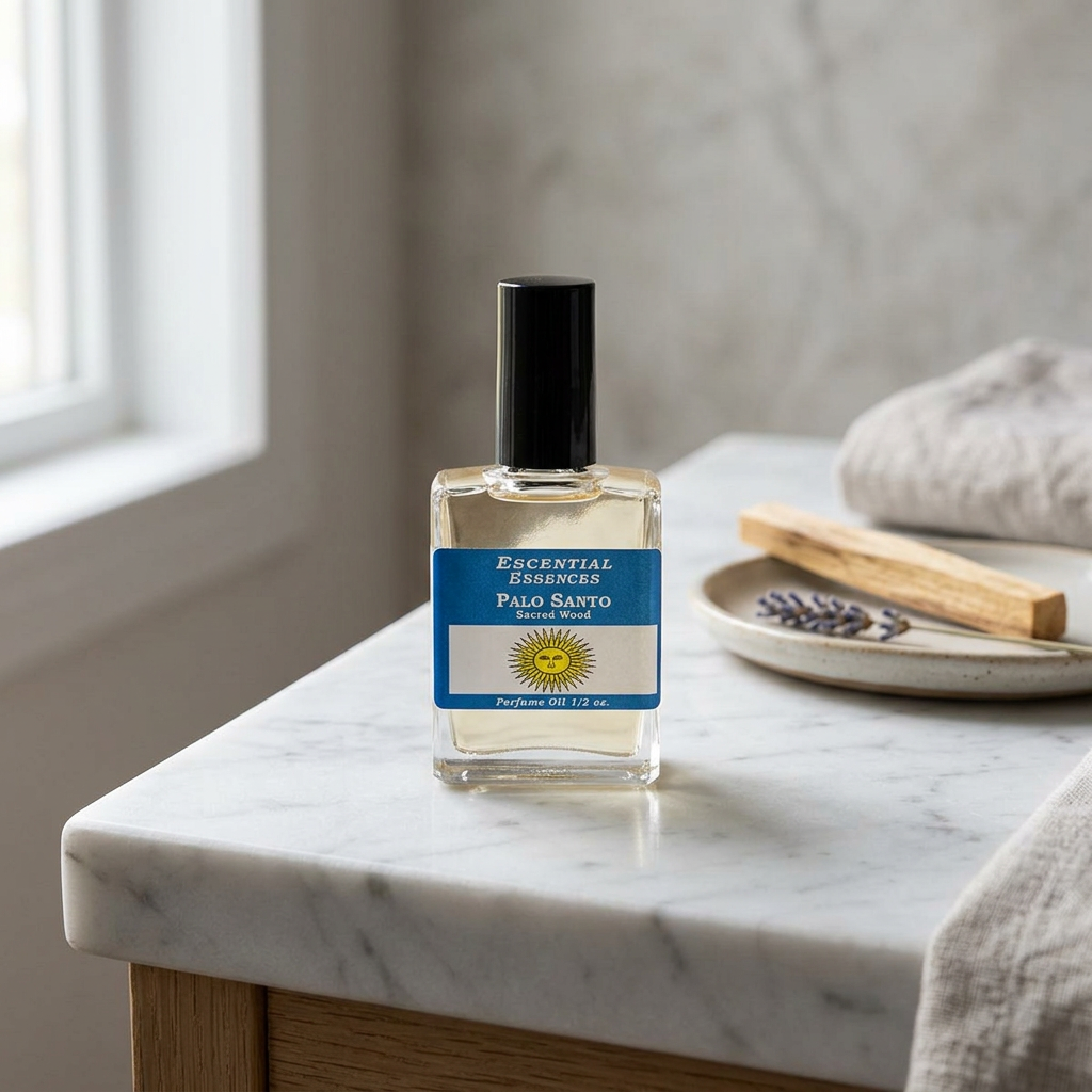 Full-body view of Palo Santo Perfume Oil bottle on white marble countertop in a modern minimalist interior with natural daylight.