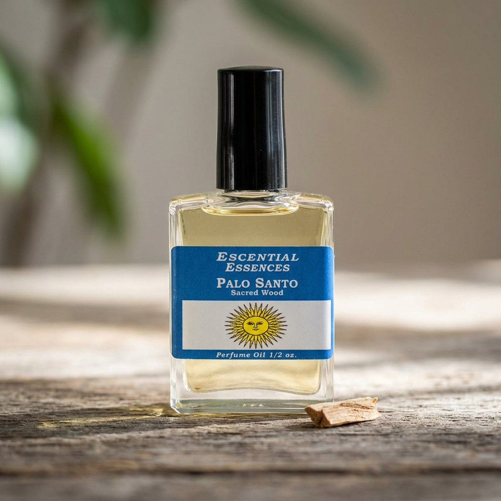 Macro shot of Palo Santo Perfume Oil by Escential Essences, showcasing the clear glass bottle on a rustic wooden surface with natural light highlighting details.